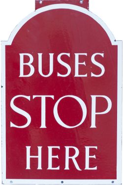 Bus enamel motoring road sign BUSES STOP HERE. In excellent condition measures 20in x 13in.