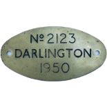 Worksplate No2123 DARLINGTON 1950 ex Ivatt 4MT 2-6-0 No43081. Spent all its life at 35A New