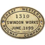 Great Western Railway brass tenderplate 1310 JUNE 1899 SWINDON WORKS 3000 GALLONS as paired with the