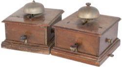 Two North Eastern railway oak cased split cased block bells with mushroom bell and tappers. Both