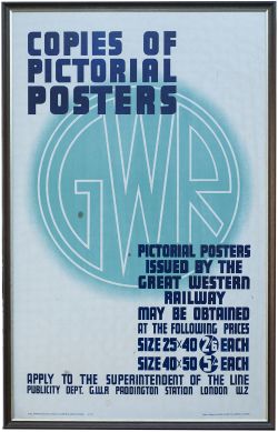 Poster GWR COPIES OF PICTORIAL POSTER ISSUED BY THE GREAT WESTERN RAILWAY etc. Double Royal 25in x