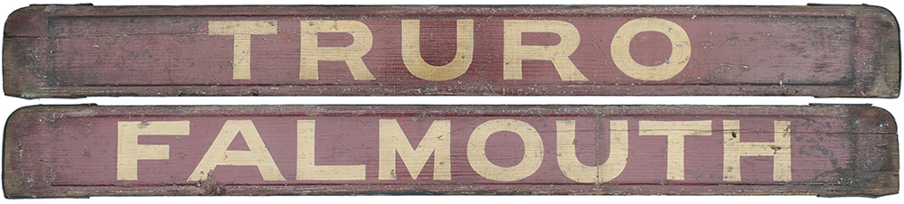 GWR/BR-W wooden carriage board FALMOUTH - TRURO. Painted straw on maroon and measuring 32in long, in