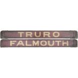 GWR/BR-W wooden carriage board FALMOUTH - TRURO. Painted straw on maroon and measuring 32in long, in