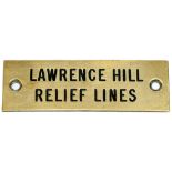 GWR machine engraved brass shelf plate LAWRENCE HILL RELIEF LINES. Measures 4.75in a 1.5in and is in