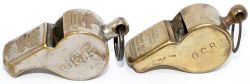 Great Central Railway Acme Thunderer brass whistles x 2 one stamped on the side G.C.R. P.WAY 786