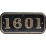 BR-W brass cabside numberplate 1601 ex Hawksworth 0-6-0 PT built at Swindon in 1949. Allocated to