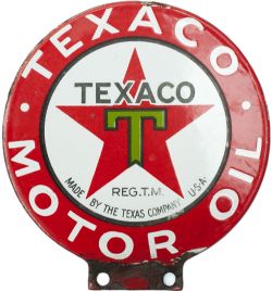 Motoring enamel sign TEXACO MOTOR OIL made by the Texas Company USA. Double sided with bottom