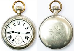 SR nickel cased Guards pocket watch by Record, Swiss Record 15 Jewel movement top wound top set.
