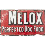 Advertising enamel sign AGENT FOR MELOX PERFECTED DOG FOOD with makers name at the bottom