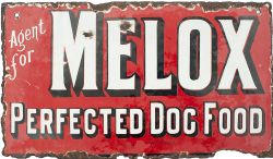 Advertising enamel sign AGENT FOR MELOX PERFECTED DOG FOOD with makers name at the bottom