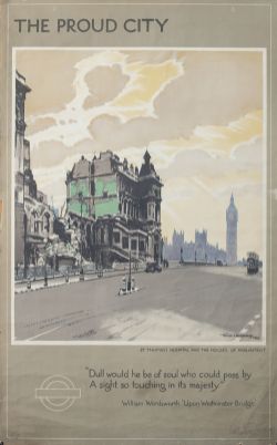 Poster LT THE PROUD CITY ST THOMAS'S HOSPITAL AND THE HOUSES OF PARLIAMENT by Walter Spradbury 1944.