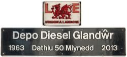 Nameplate DEPO DIESEL GANDWR 1963 DATHLU 50 MYLNEDD 2013 and with separate cast aluminium badge ex