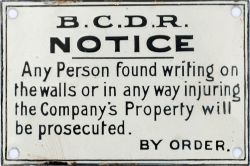 Belfast And County Down Railway enamel sign B.C.D.R NOTICE ANY PERSON FOUND WRITING ON THE WALLS