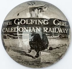 Caledonian Railway advertising domed glass paperweight THE GOLFING GIRL CALEDONIAN RAILWAY A BRAW