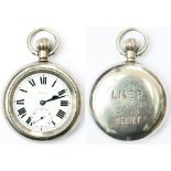 LNER nickel cased Guards watch by Selex. Swiss 15 Jewel nickel plated brass movement stamped DF&C,