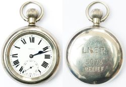 LNER nickel cased Guards watch by Selex. Swiss 15 Jewel nickel plated brass movement stamped DF&C,