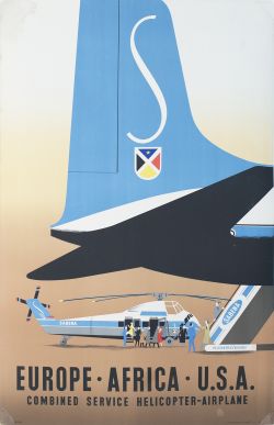 Poster SABENA BELGIUM WORLD AIRLINES EUROPE AFRICA USA COMBINED SERVICE HELICOPTER - AIRPLANE.