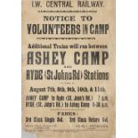 Poster ISLE OF WIGHT CENTRAL RAILWAY NOTICE TO VOLUNTEERS IN CAMP ADDITIONAL TRAINS WILL RUN BETWEEN