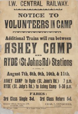 Poster ISLE OF WIGHT CENTRAL RAILWAY NOTICE TO VOLUNTEERS IN CAMP ADDITIONAL TRAINS WILL RUN BETWEEN