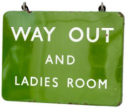 BR(S) FF enamel sign WAY OUT AND LADIES ROOM, double sided and complete with hanging hooks and