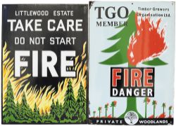 A pair of advertising enamel signs; LITTLEWOOD ESTATE TAKE CARE DO NOT START FIRE together with