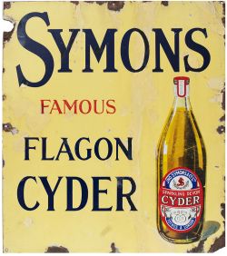 Enamel advertising sign SYMONDS FAMOUS FLAGON CYDER with image of a bottle of Cyder which reads
