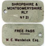 Shropshire and Montgomeryshire Railway Free Pass No21 issued to W. E. Mandelick Esq. Rectangular