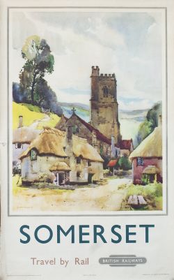 Poster BR(W) SOMERSET TRAVEL BY RAIL by Jack Merriott published in 1963. Double royal 25in x 40in.