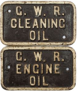 A pair of GWR cast iron plates GWR ENGINE OIL and GWR CLEANING OIL. Both with original paint and