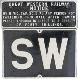GWR cast iron signs x2 consisting of a Great Western Railway fully titled GATE NOTICE and a SW (