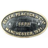 Worksplate BEYER PEACOCK & CO LTD MANCHESTER 1931 6686 ex GWR Collett 0-6-0 PT 8706. Allocated to