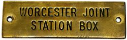 GWR machine engraved brass shelf plate WORCESTER JOINT STATION BOX. In very good condition