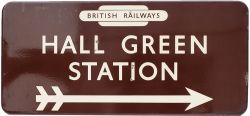 BR(W) FF enamel station direction sign HALL GREEN STATION with British Railways totem at the top and