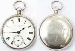 GWR silver cased Guards pocket watch by John Myers & Co Ltd. Brass going barrel movement marked JOHN