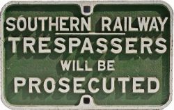 Southern Railway LSWR pattern cast iron sign SOUTHERN RAILWAY TRESPASSERS WILL BE PROSECUTED. Face