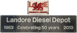 Nameplate LANDORE DIESEL DEPOT 1963 CELEBRATING 50 YEARS 2013 and with separate cast aluminium badge