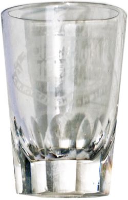 GWR cut glass small shot glass acid etched with GWR twin shield Coat Of Arms and GWR REFRESHMENT