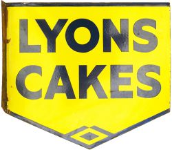 Advertising enamel sign LYONS CAKES, double sided with wall mounting flange. Both sides in very good