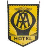 Motoring enamel sign AA HOTEL, double sided, complete with original hanging hooks. Both sides in