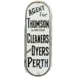 Advertising enamel sign FINGERPLATE AGENT FOR THOMSON LIMITED CLEANERS AND DYERS PERTH. Measures 7in