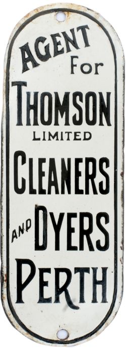 Advertising enamel sign FINGERPLATE AGENT FOR THOMSON LIMITED CLEANERS AND DYERS PERTH. Measures 7in