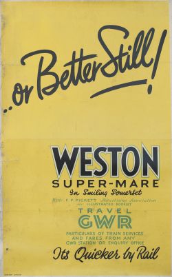 Poster GWR OR BETTER STILL WESTON-SUPER-MARE TRAVEL GWR by Carlton Studio. Double Royal 25in x 40in.