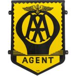 Motoring enamel sign AA AGENT measuring 31in x 22.5in and has makers name B. B. Kent London at the