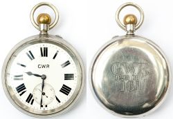 GWR nickel cased pocket watch by Rotherhams. Brass English lever movement marked ROTHERHAMS LONDON