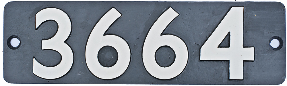 Smokebox numberplate 3664 ex GWR Collett 0-6-0 PT built at Swindon in 1940. Allocations included 84A