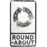 Motoring road sign cast aluminium ROUND-ABOUT. In original condition complete with all glass fruit