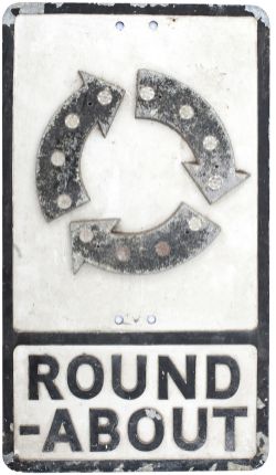 Motoring road sign cast aluminium ROUND-ABOUT. In original condition complete with all glass fruit