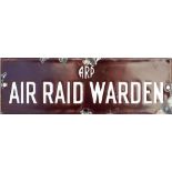 Enamel World War 2 sign ARP AIR RAID WARDEN in chocolate and white enamel with some chips.