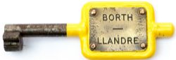 GWR/BR-W Tyers No9 single line steel key token with brass plate BORTH - LLANDRE, configuration D. In