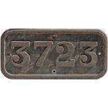 GWR cast iron cabside numberplate 3723 ex Collett 0-6-0 PT built at Swindon in 1937. Allocated to